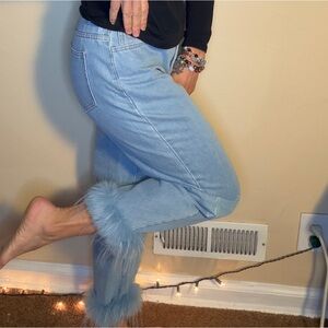 WKND Chaser Light Blue Denim Jeans With Faux Fur Ankle Cuffs